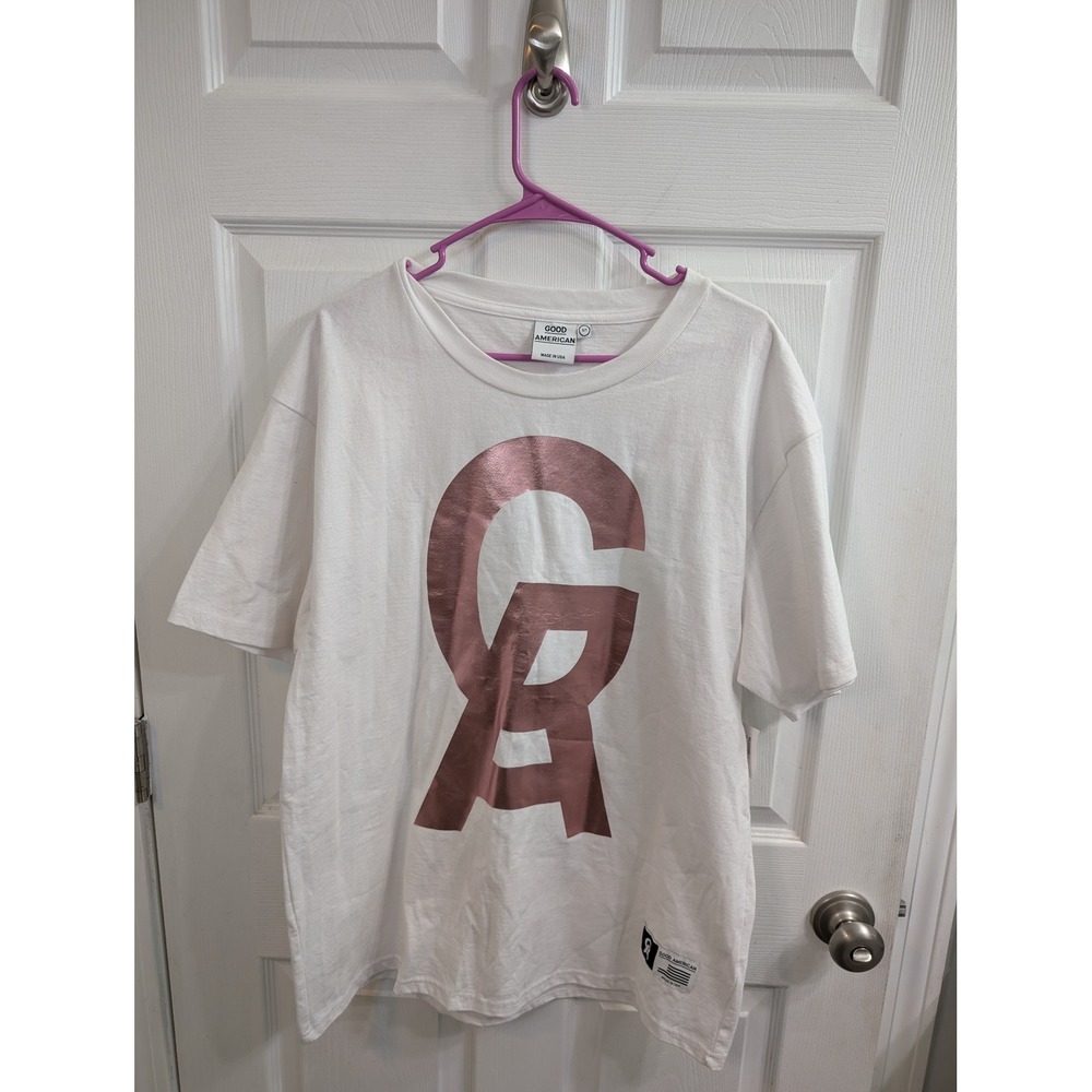 Good American Icon Tee Womens 0/1 White‎ Rose Gold NEW Metallic Logo - Size S